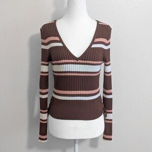 2000s No Boundaries Neapolitan Striped Ribbed Long Sleeved Top | Size L